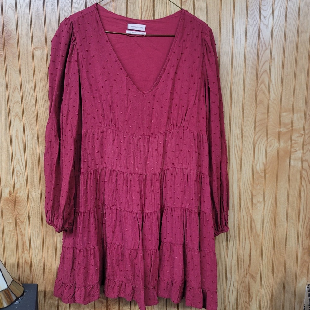 Urban Outfitters Burgundy Swiss Dot Tiered Mini Dress V-Neck Boho Medium